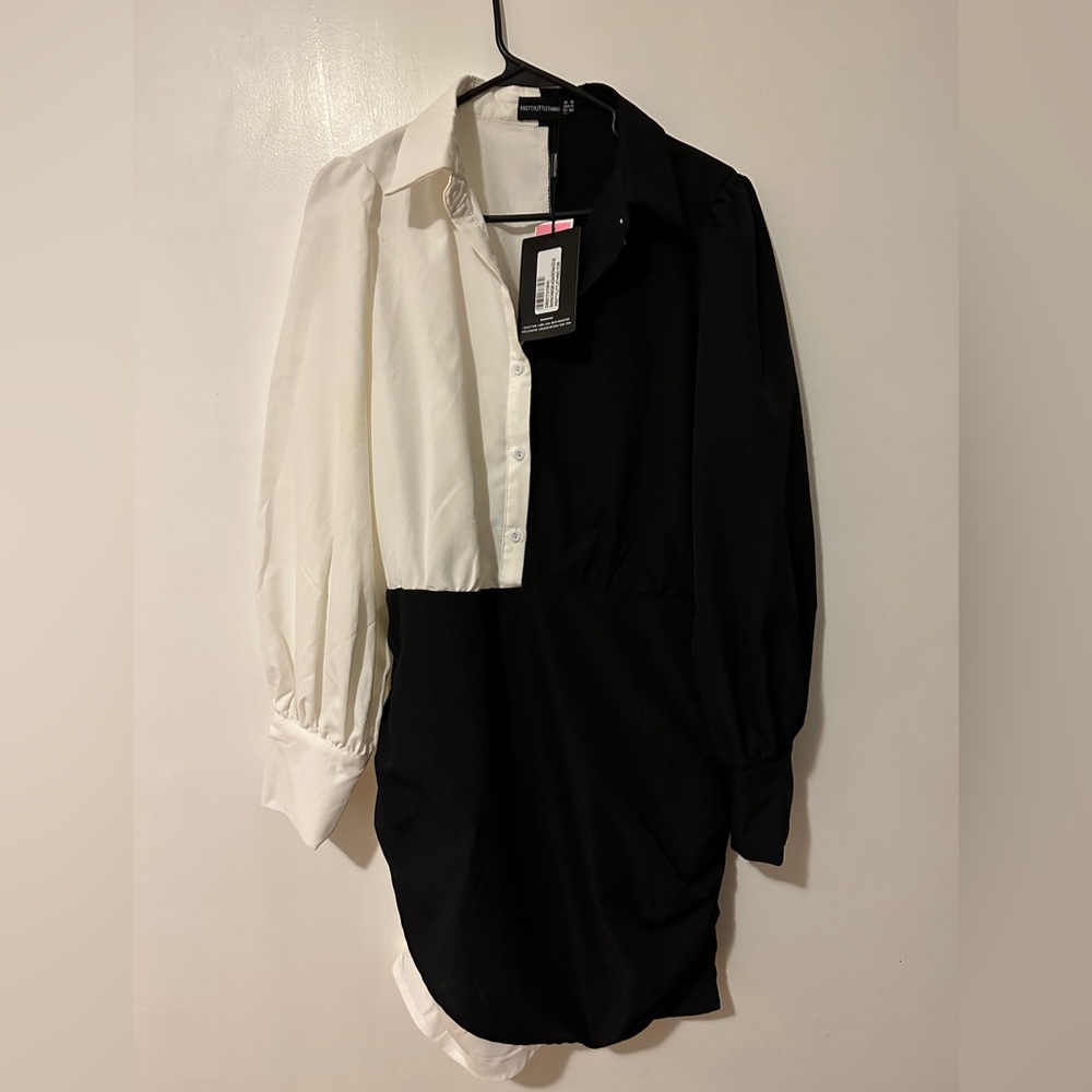 Monochrome Contrast Detal Lona Sleve Shit Dress